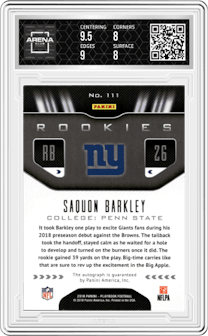 Saquon Barkley from the 2018 Panini Playbook set featuring a Green parallel graded by Arena Club and given an overall grade of 8.5.