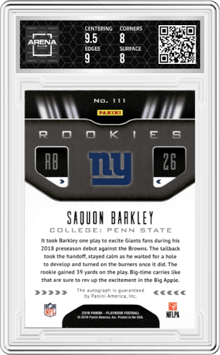 Saquon Barkley from the 2018 Panini Playbook set featuring a Green parallel graded by Arena Club and given an overall grade of 8.5.