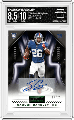 Saquon Barkley from the 2018 Panini Playbook set featuring a Green parallel graded by Arena Club and given an overall grade of 8.5.