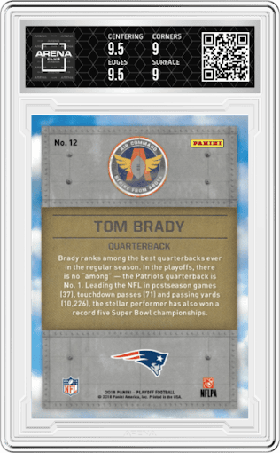 Tom Brady from the 2018 Panini Playoff set graded by Arena Club and given an overall grade of 9.5.