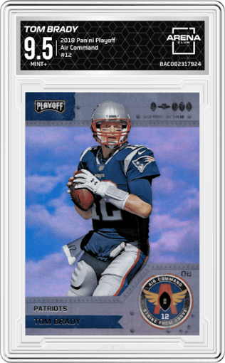 Tom Brady from the 2018 Panini Playoff set graded by Arena Club and given an overall grade of 9.5.
