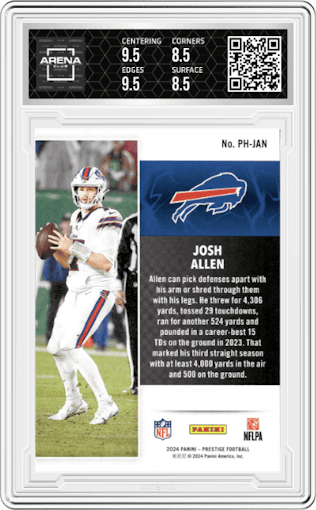 Josh Allen from the 2024 Panini Prestige  set graded by Arena Club and given an overall grade of 9.