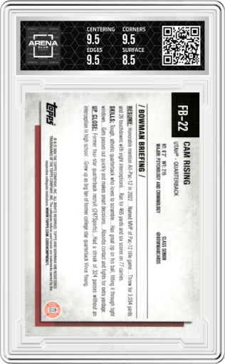 Cam Rising from the 2024 Topps National Convention set graded by Arena Club and given an overall grade of 9.