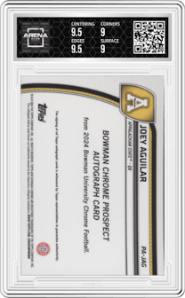 Joey Aguilar from the 2024 Bowman University Chrome set featuring a Red Refractor parallel graded by Arena Club and given an overall grade of 9.5.
