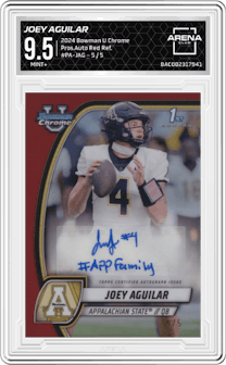 Joey Aguilar from the 2024 Bowman University Chrome set featuring a Red Refractor parallel graded by Arena Club and given an overall grade of 9.5.