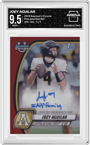 Joey Aguilar from the 2024 Bowman University Chrome set featuring a Red Refractor parallel graded by Arena Club and given an overall grade of 9.5.