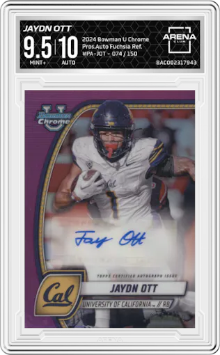 Jaydn Ott from the 2024 Bowman University Chrome set featuring a Fuchsia Refractor parallel graded by Arena Club and given an overall grade of 9.5.
