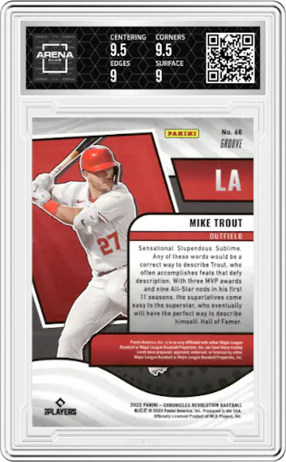 Mike Trout from the 2022 Panini Chronicles set featuring a Groove parallel graded by Arena Club and given an overall grade of 9.5.