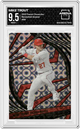 Mike Trout from the 2022 Panini Chronicles set featuring a Groove parallel graded by Arena Club and given an overall grade of 9.5.