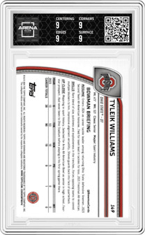 Tyleik Williams from the 2024 Bowman University Chrome set featuring a Blue Mini-Diamond Refractor parallel graded by Arena Club and given an overall grade of 9.