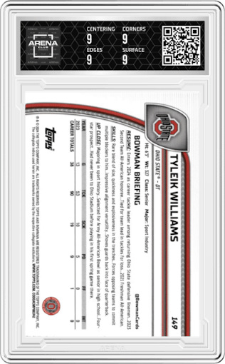 Tyleik Williams from the 2024 Bowman University Chrome set featuring a Blue Mini-Diamond Refractor parallel graded by Arena Club and given an overall grade of 9.