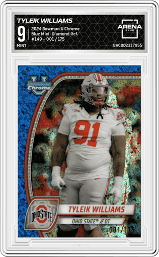 Tyleik Williams from the 2024 Bowman University Chrome set featuring a Blue Mini-Diamond Refractor parallel graded by Arena Club and given an overall grade of 9.