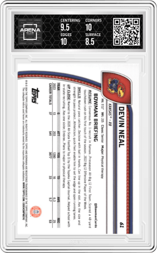 Devin Neal from the 2024 Bowman University Chrome set featuring a Gold Shimmer parallel graded by Arena Club and given an overall grade of 9.