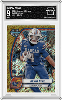 Devin Neal from the 2024 Bowman University Chrome set featuring a Gold Shimmer parallel graded by Arena Club and given an overall grade of 9.
