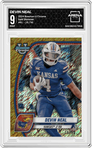 Devin Neal from the 2024 Bowman University Chrome set featuring a Gold Shimmer parallel graded by Arena Club and given an overall grade of 9.