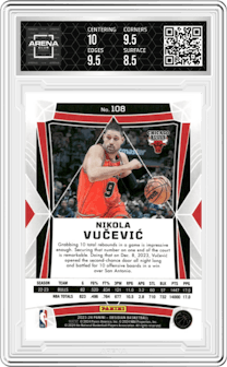 Nikola Vucevic from the 2023-24 Panini Obsidian set featuring a Electric Etch Red Flood parallel graded by Arena Club and given an overall grade of 9.