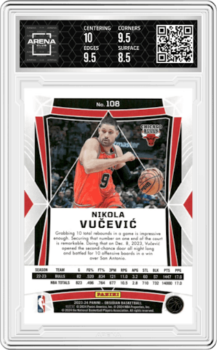 Nikola Vucevic from the 2023-24 Panini Obsidian set featuring a Electric Etch Red Flood parallel graded by Arena Club and given an overall grade of 9.