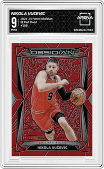 Nikola Vucevic from the 2023-24 Panini Obsidian set featuring a Electric Etch Red Flood parallel graded by Arena Club and given an overall grade of 9.