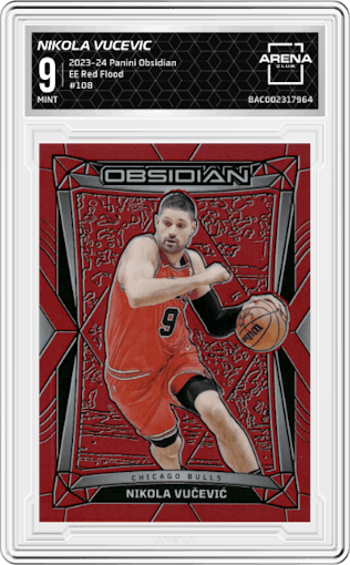 Nikola Vucevic from the 2023-24 Panini Obsidian set featuring a Electric Etch Red Flood parallel graded by Arena Club and given an overall grade of 9.