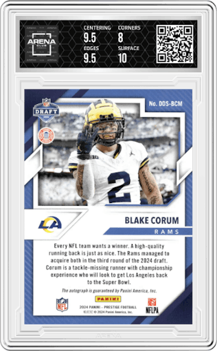 Blake Corum  from the 2024 Panini Prestige  set graded by Arena Club and given an overall grade of 8.5.