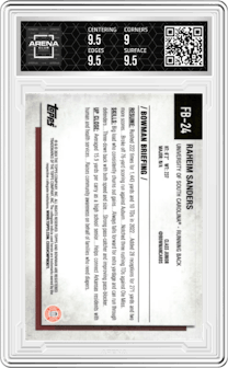Raheim Sanders from the 2024 Topps National Convention set graded by Arena Club and given an overall grade of 9.5.