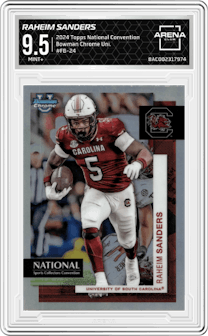 Raheim Sanders from the 2024 Topps National Convention set graded by Arena Club and given an overall grade of 9.5.