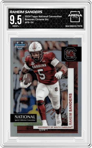 Raheim Sanders from the 2024 Topps National Convention set graded by Arena Club and given an overall grade of 9.5.