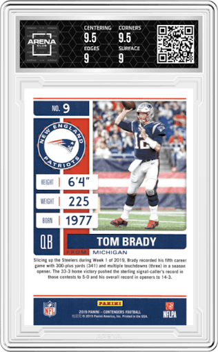 Tom Brady from the 2019 Panini Contenders set graded by Arena Club and given an overall grade of 9.5.
