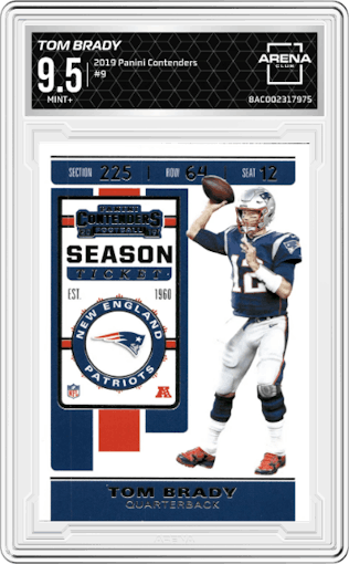Tom Brady from the 2019 Panini Contenders set graded by Arena Club and given an overall grade of 9.5.