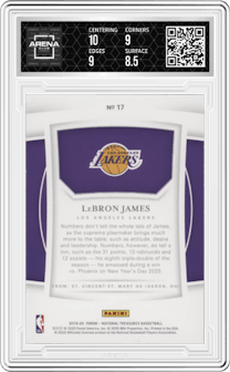 LeBron James from the 2019-20 Panini National Treasures Basketball set featuring a Emerald parallel graded by Arena Club and given an overall grade of 9.