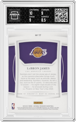 LeBron James from the 2019-20 Panini National Treasures Basketball set featuring a Emerald parallel graded by Arena Club and given an overall grade of 9.
