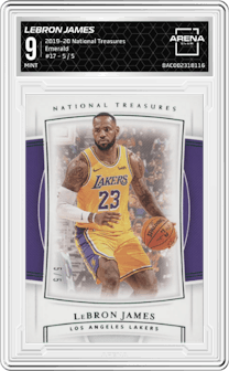 LeBron James from the 2019-20 Panini National Treasures Basketball set featuring a Emerald parallel graded by Arena Club and given an overall grade of 9.