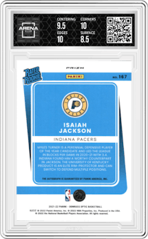 Isaiah Jackson from the 2021-22 Panini Donruss Optic set featuring a Choice parallel graded by Arena Club and given an overall grade of 9.