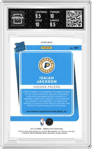 Isaiah Jackson from the 2021-22 Panini Donruss Optic set featuring a Choice parallel graded by Arena Club and given an overall grade of 9.