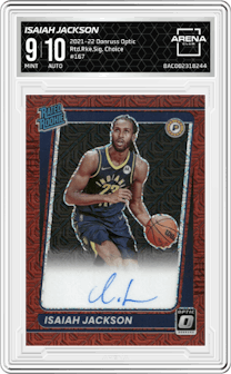 Isaiah Jackson from the 2021-22 Panini Donruss Optic set featuring a Choice parallel graded by Arena Club and given an overall grade of 9.