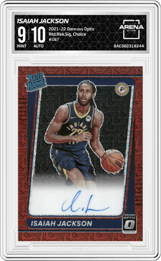 Isaiah Jackson from the 2021-22 Panini Donruss Optic set featuring a Choice parallel graded by Arena Club and given an overall grade of 9.