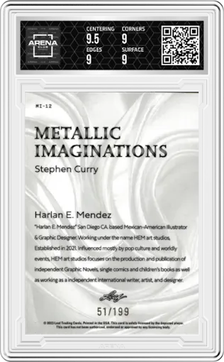 Stephen Curry from the 2023 Leaf Metallic Imaginations set featuring a Red parallel graded by Arena Club and given an overall grade of 9.