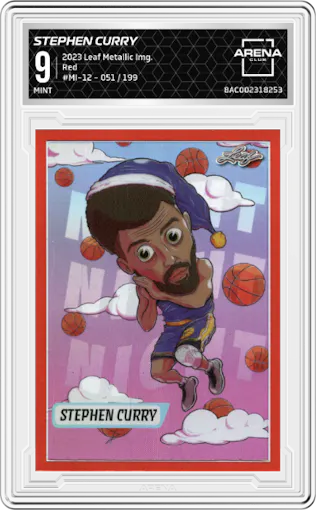 Stephen Curry from the 2023 Leaf Metallic Imaginations set featuring a Red parallel graded by Arena Club and given an overall grade of 9.