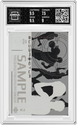 Kobe Bryant from the 2002-03 UD Glass set featuring a Sample parallel graded by Arena Club and given an overall grade of 8.
