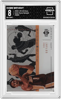 Kobe Bryant from the 2002-03 UD Glass set featuring a Sample parallel graded by Arena Club and given an overall grade of 8.