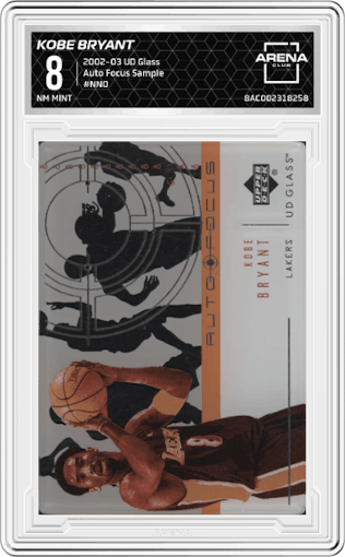 Kobe Bryant from the 2002-03 UD Glass set featuring a Sample parallel graded by Arena Club and given an overall grade of 8.