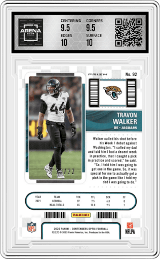 Travon Walker from the 2022 Panini Contenders Optic set featuring a Cracked Ice parallel graded by Arena Club and given an overall grade of 10.