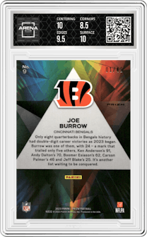 Joe Burrow from the 2023 Panini Prizm set featuring a Purple Power parallel graded by Arena Club and given an overall grade of 9.