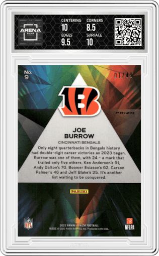 Joe Burrow from the 2023 Panini Prizm set featuring a Purple Power parallel graded by Arena Club and given an overall grade of 9.