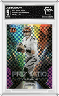 Joe Burrow from the 2023 Panini Prizm set featuring a Purple Power parallel graded by Arena Club and given an overall grade of 9.