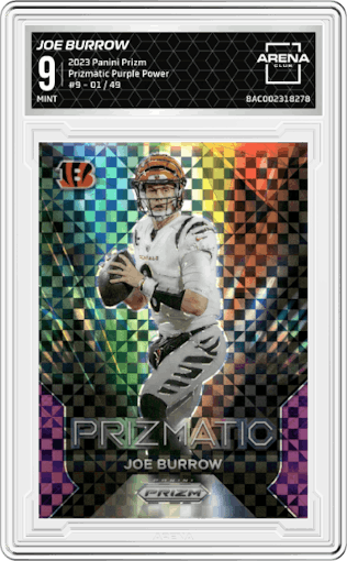 Joe Burrow from the 2023 Panini Prizm set featuring a Purple Power parallel graded by Arena Club and given an overall grade of 9.