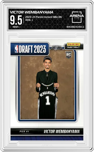 Victor Wembanyama from the 2023-24 Panini Instant NBA Draft Night set graded by Arena Club and given an overall grade of 9.5.