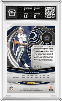 Troy Aikman from the 2023 Panini Spectra set featuring a Wave parallel graded by Arena Club and given an overall grade of 9.
