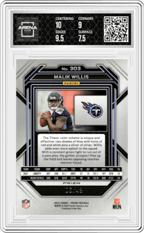 Malik Willis from the 2022 Panini Prizm set featuring a Purple Power parallel graded by Arena Club and given an overall grade of 8.