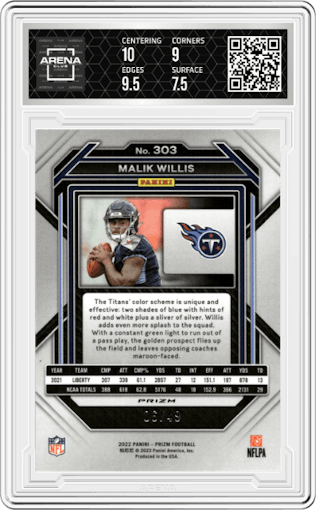 Malik Willis from the 2022 Panini Prizm set featuring a Purple Power parallel graded by Arena Club and given an overall grade of 8.